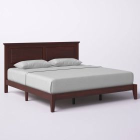 King Traditional Solid Oak Wooden Platform Bed Frame with Headboard in Cherry