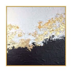 Top Selling Handmade Abstract Oil Painting Wall Art Modern Minimalist White and Black Gold Foil Canvas Home Decor For Living Room Bedroom No Frame (size: 90x90cm)